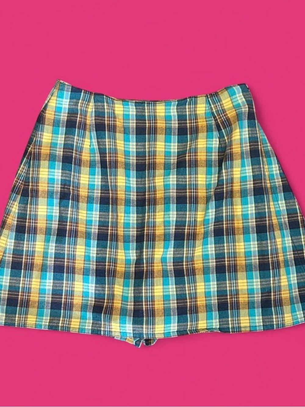 Vintage 90’s Liz Claiborne yellow and blue plaid mini skort/skirt
